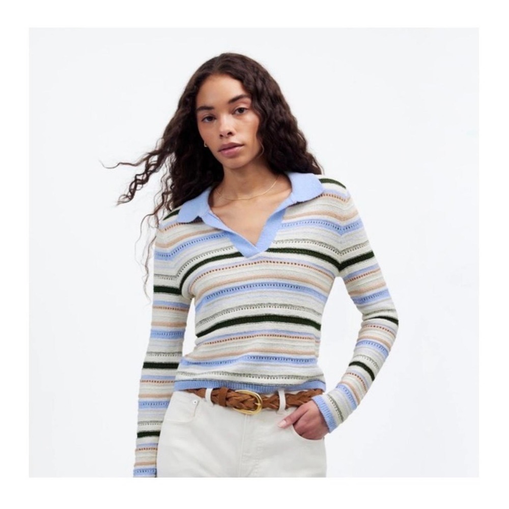 Madewell Pointelle Polo Sweater XXS Striped Long Sleeve V-Neck Blue Multi